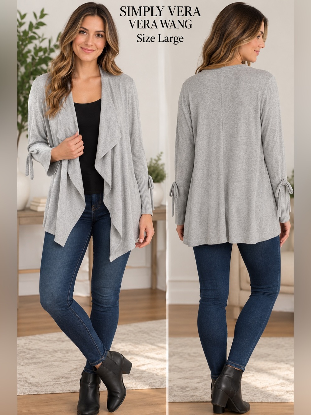 Simply Vera Vera Wang Gray Flyaway Open Front Cardigan Size Large